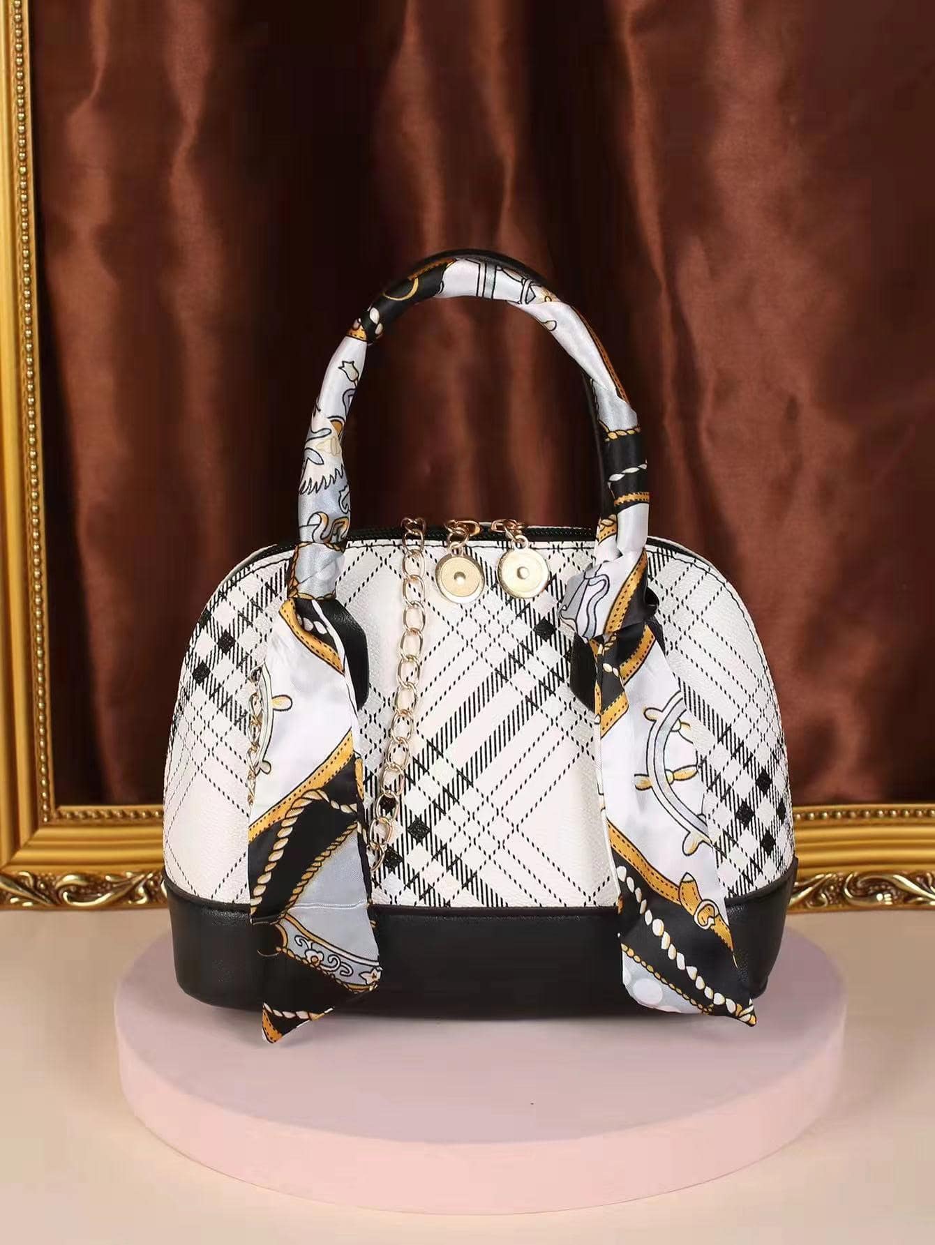 1pc Mini Metallic Geometric Pattern Handbag With Coffee Silk Scarf And Chain Strap, Can Be Carried By Hand Or Cross Body Random Print Zipper Shoulder Bag PU Leather Portable Crossbody Bag Detachable Strap Metal Chain Handbag