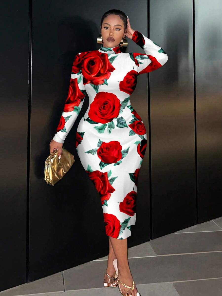 Slaydiva Plus Size Casual Minimalist Long Sleeve Big Rose Graphic Round Neck Fitted Dress Fall Clothes Chic Dress