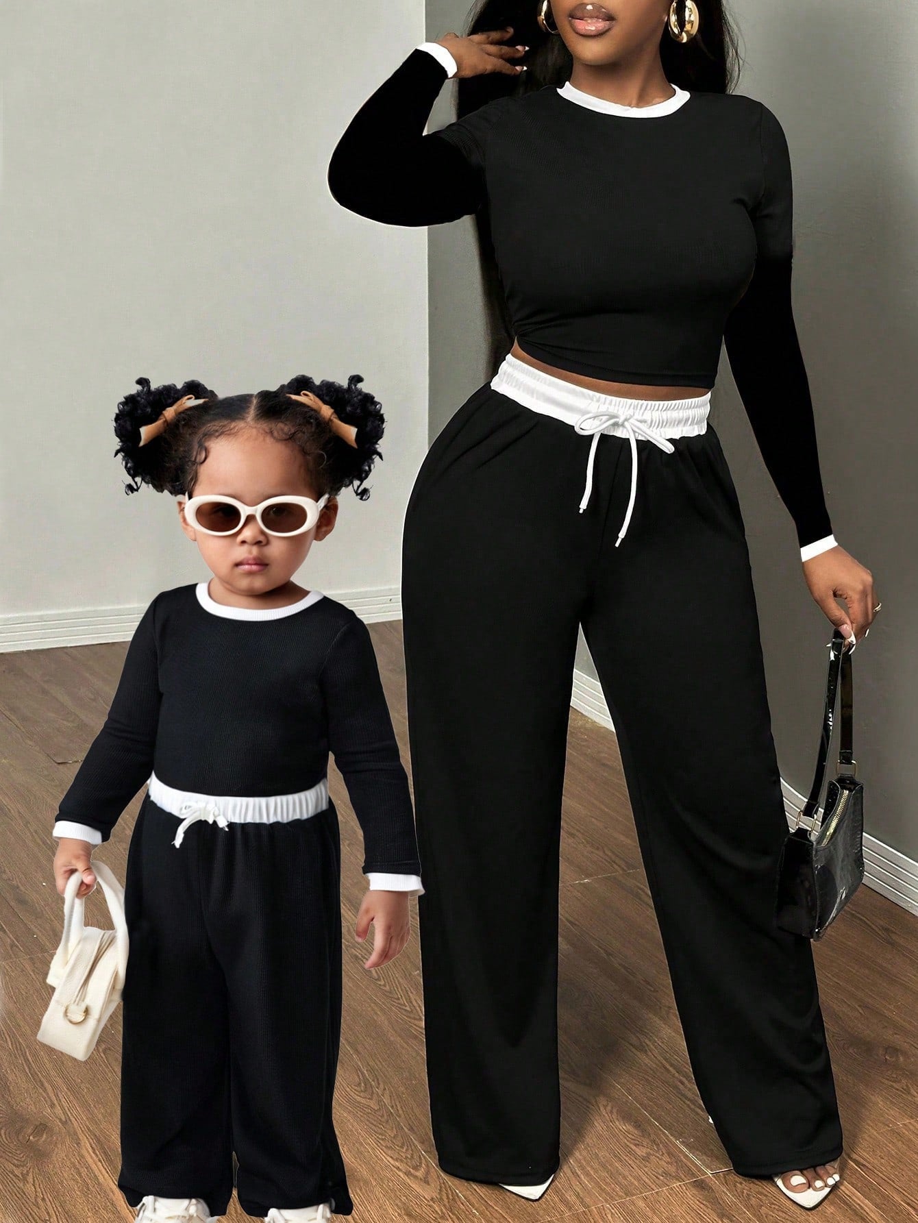 Baby Girl Matching Sets, Mom & Me, Ribbed Knit Color Block Long Sleeve Crew Neck Crop Top With Wide Leg Knit Pants