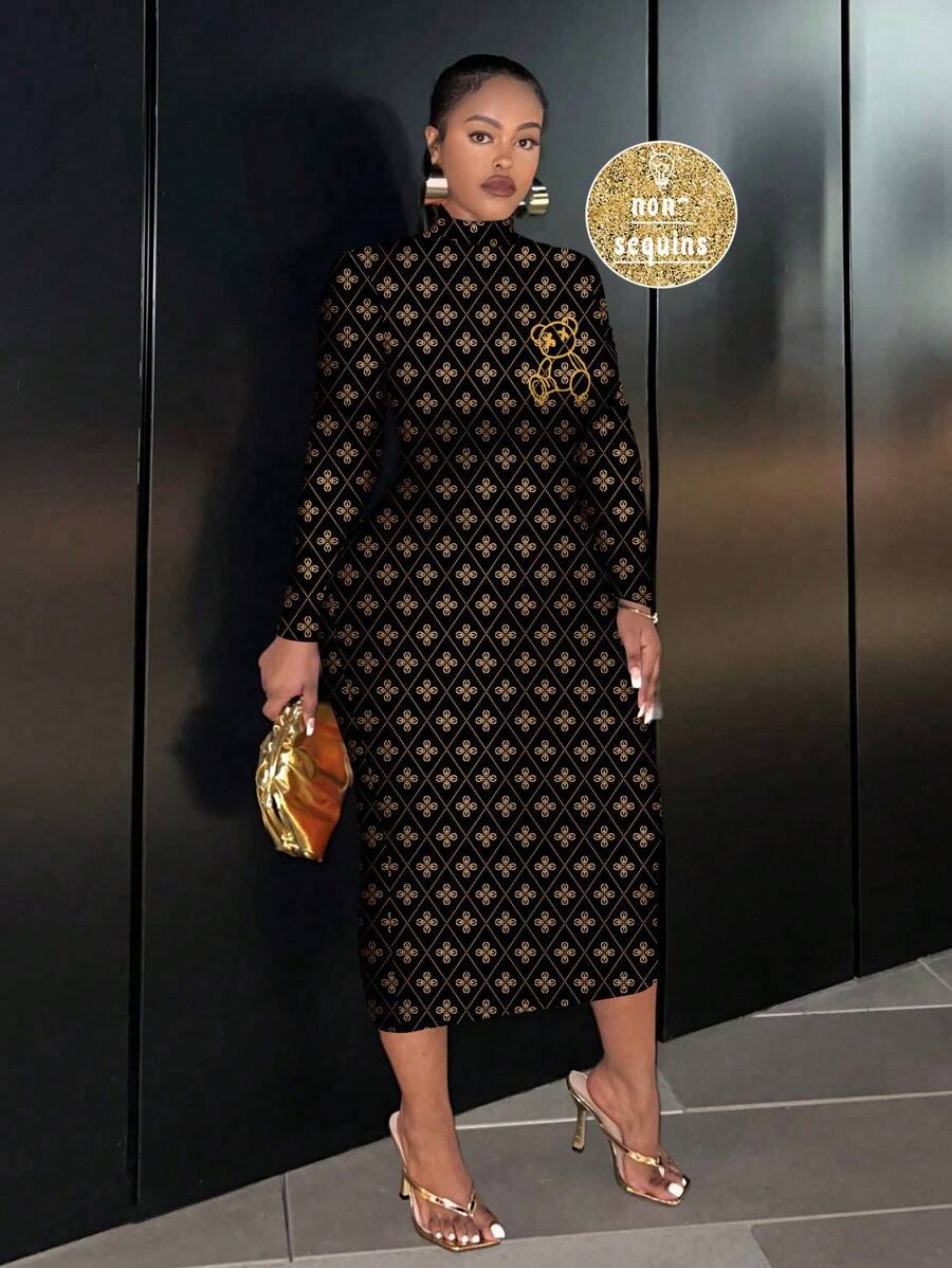 Slaydiva Casual Minimalist Plus Size Bear Pattern Long Sleeve Bodycon Dress, Suitable For Spring & Autumn And Winter Chic Dress