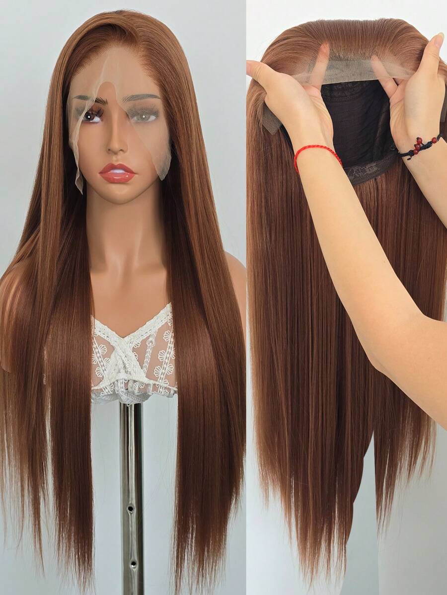 Elegant 13x4 24" Brown Straight Lace Front Wig, Suitable For Women - Heat Resistant Synthetic Hair, Pre-Plucked Natural Hairline And Baby Hair, Ideal For Daily Wear, Weddings, Halloween, And Christmas