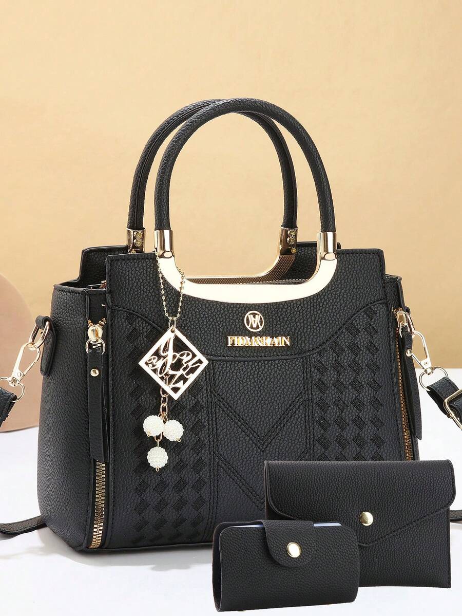 Elegant Embroidered Women's Handbag - With Detachable Shoulder Strap, Zipper Closure, Lake Blue/White/Red/Black, Non-Fading, Gold-Tone Hardware, Elegant Daily Choice | Handbag | Detachable Shoulder Strap