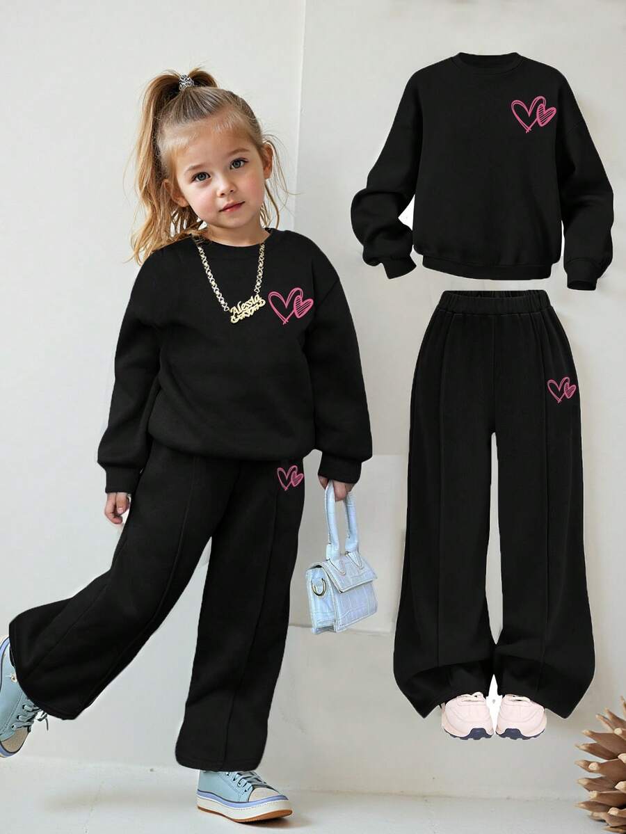 Young Girl Tween,Teen Girl Casual Cute Heart Print Knit Solid Color Loose Drop Shoulder Long Sleeve Sweatshirt & Wide Leg Sweatpants Set Fall Winter Kid 2 Piece Set,Y2k Girl.Black,Mommy & Sisters & Me Matching,Autumn Winter,Halloween,Christmas.School Da