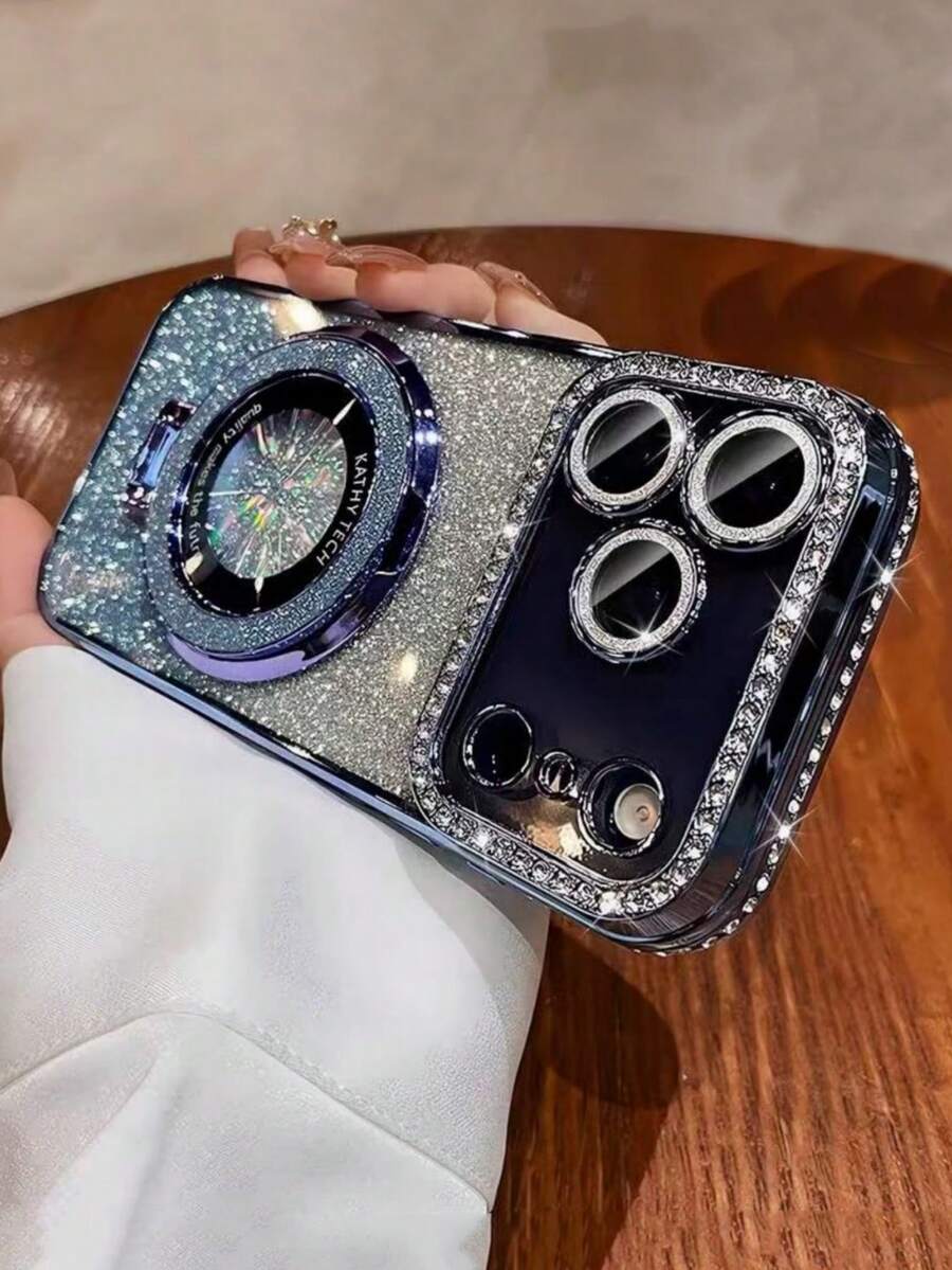 Luxury Bling Glitter Camera Rhinestone Ring Holder Gradient Sequins Plating Phone Case Compatible With IPhone 17 Pro Max Air 16 15 14 13 12 Pro Max Mini Girl And Women Orange Silvery Pink Bracket Case