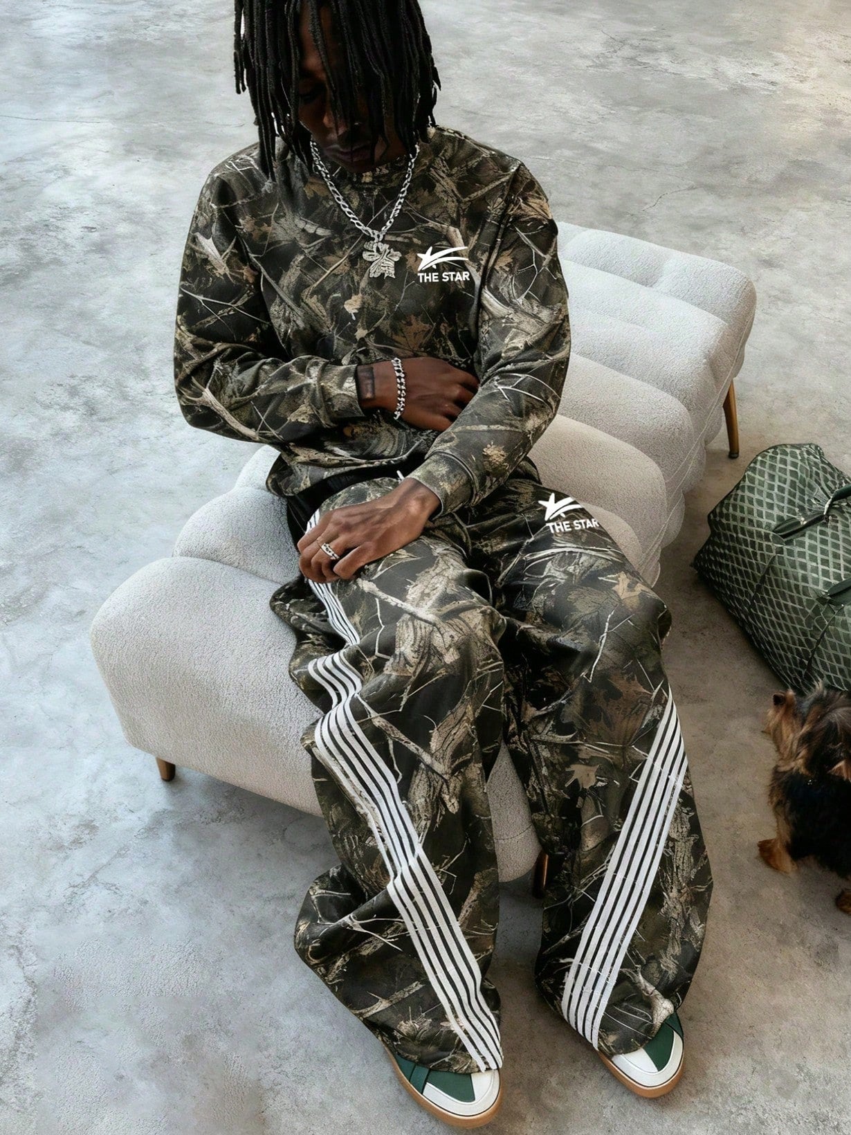 Men's Fashion Street Camo Print Full-Body Crew Neck Sweatshirt And Sweatpants Set, Stylish Street Pattern Print