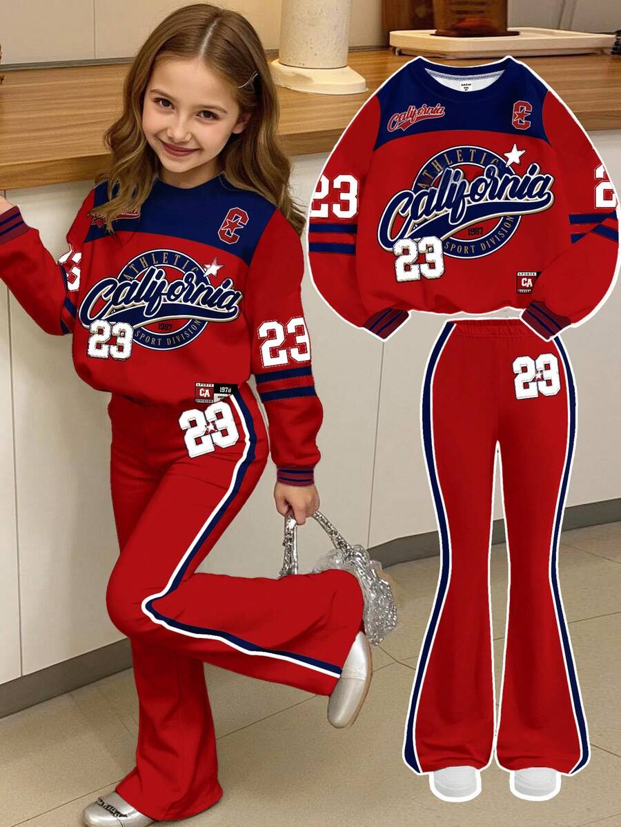 2pcs/Set Young Girl Casual Loose Fit Number 23 Print Crew Neck Long Sleeve Sweatshirt And Flare Pants Outfit, Suitable For Autumn/Winter, Outdoor Picnic, Street Style, Home, Campus