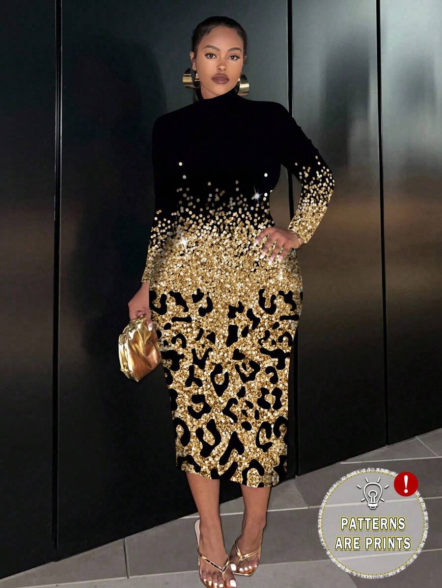Slaydiva Plus Size Women Leopard Print Rhinestone Graphic Long Sleeve Bodycon Dress, Suitable For Autumn/Winter Celebrations, Music Festivals, Parties Luxury Dress For Women Sequins Dresses For Woman Long Sleeve Elegant Dress Elegant Midi Dress Gold And