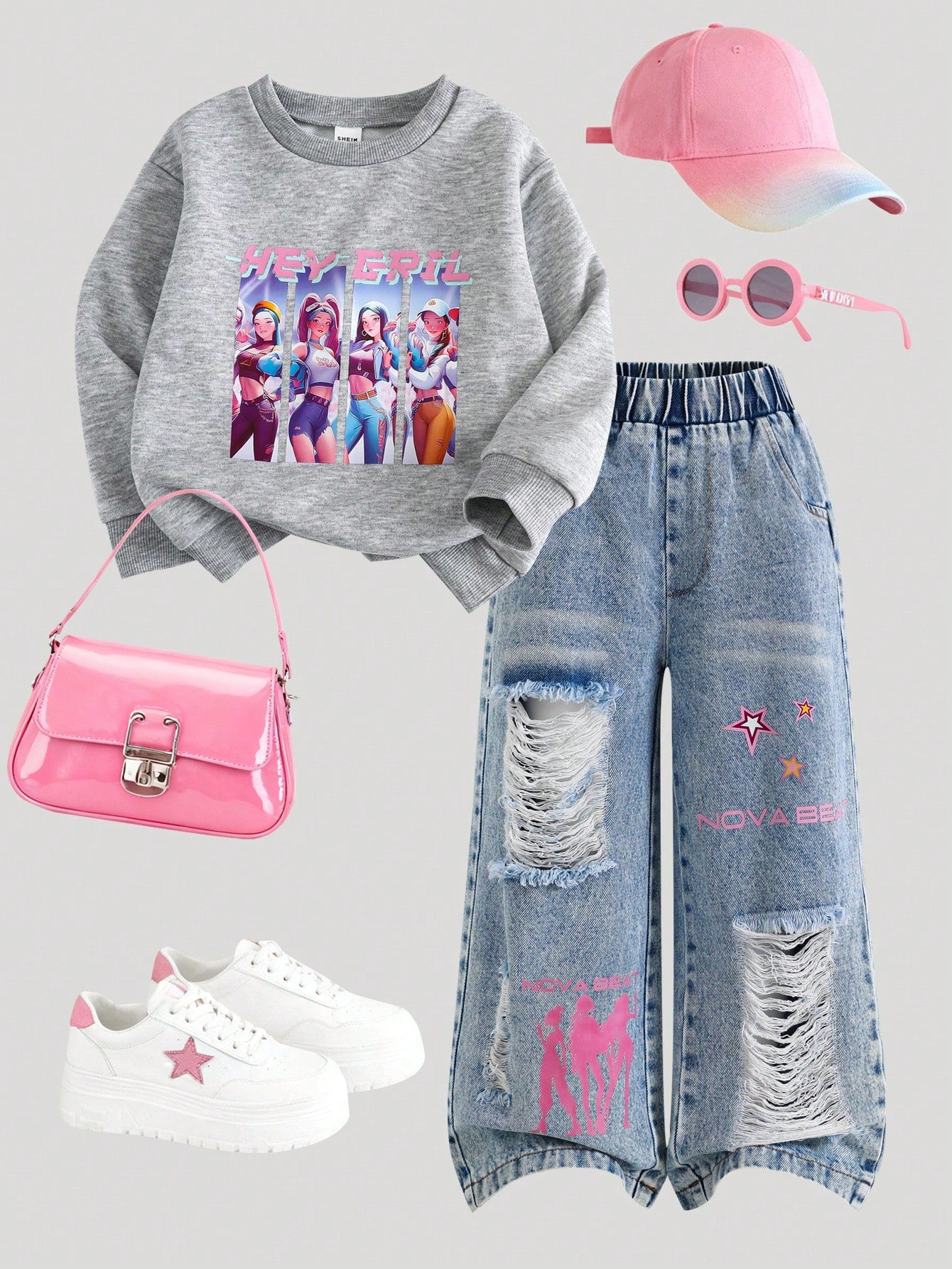 2pcs/Set Girls Casual Commuter Witch Graphic Print Purple Long Sleeve Sweatshirt And Distressed Denim Pants Set, Suitable For Spring/Autumn 90s Kids Outfit Set Outfit For Girl Set Outfit For Teens Pop Star Outfit Kids